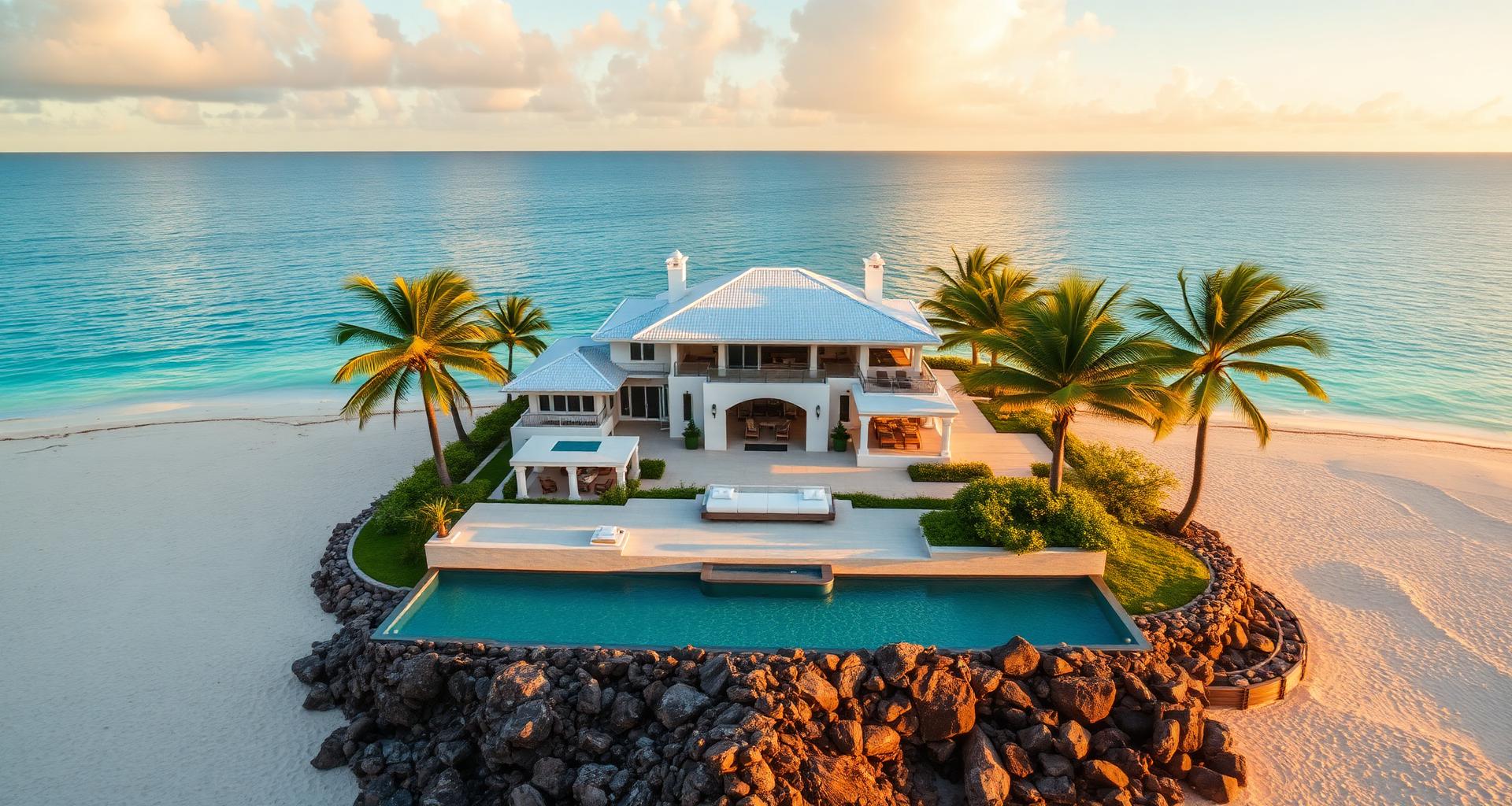 A private oceanfront estate at golden hour